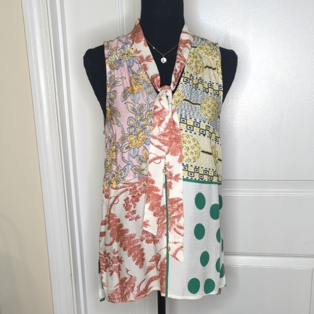 Anthropologie Moulinette Soeurs Floral Patchwork Sleeveless Top Front Tie XS